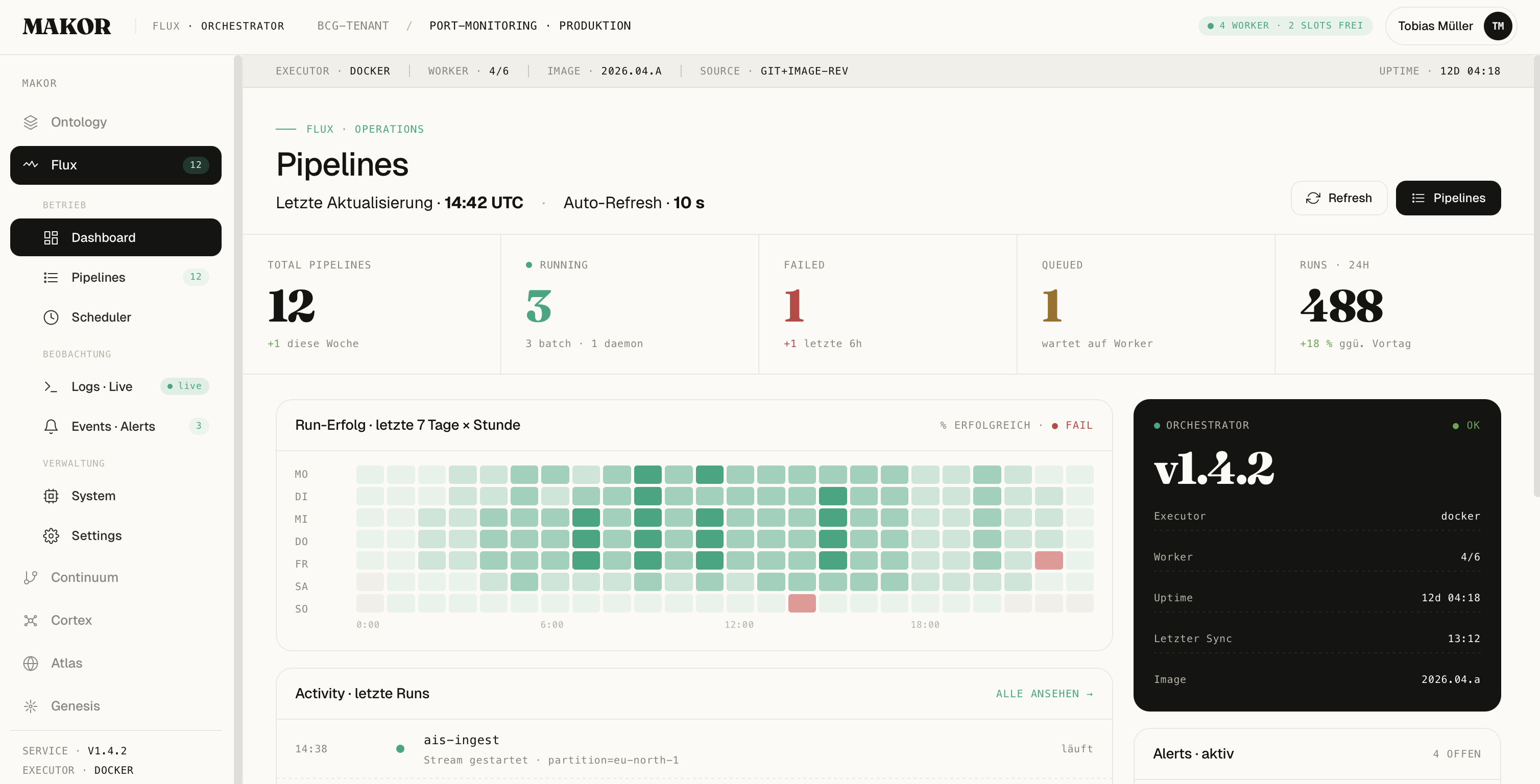 Äther — Flux Dashboard mit Pipeline-Runs, Status und Quellen